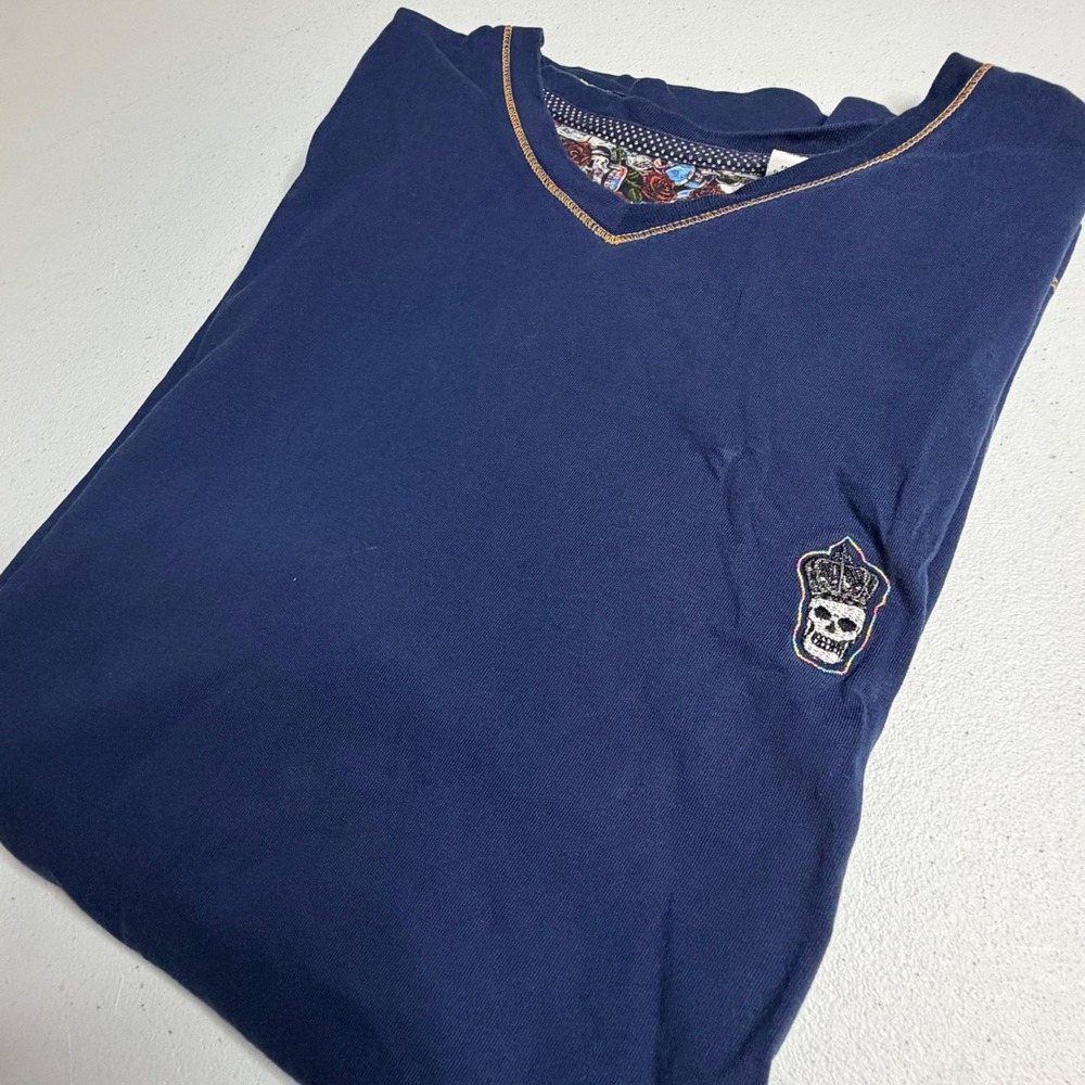 Robert Graham T-Shirt Cotton Embroidered Skull V-Neck Navy Blue Classic Fit L